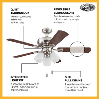 Portage Bay Miller Park Ceiling Fan w/ Reversible Blades, 44", Brushed Nickel - VMInnovations