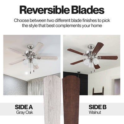 Portage Bay Miller Park Ceiling Fan w/ Reversible Blades, 44", Brushed Nickel - VMInnovations