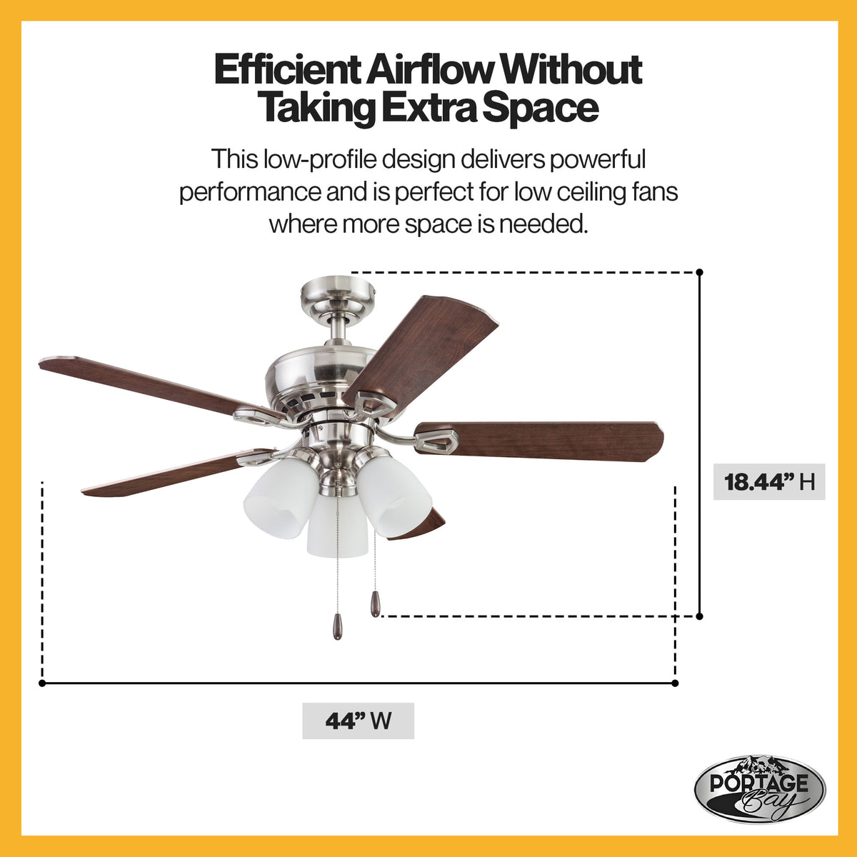 Portage Bay Miller Park Ceiling Fan w/ Reversible Blades, 44", Brushed Nickel - VMInnovations