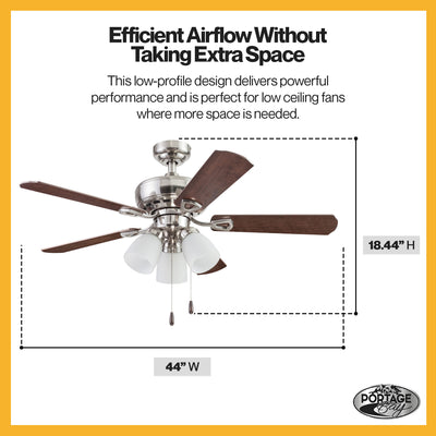 Portage Bay Miller Park Ceiling Fan w/ Reversible Blades, 44", Brushed Nickel - VMInnovations