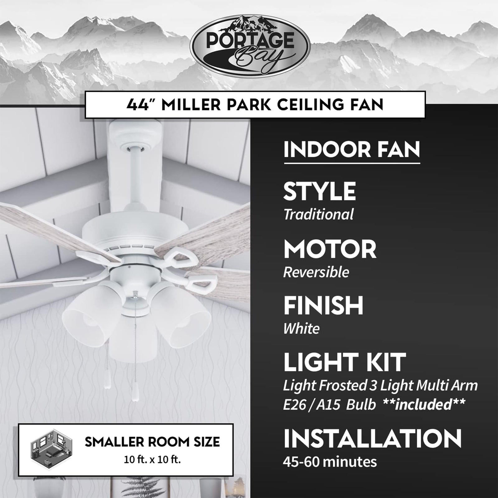 Portage Bay Miller Park Ceiling Fan w/ 5 Reversible Blades & Motor, 44", White - VMInnovations