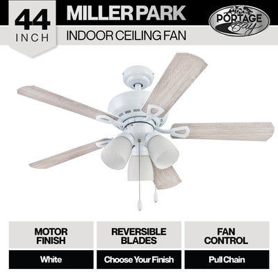 Portage Bay Miller Park Ceiling Fan w/ 5 Reversible Blades & Motor, 44", White - VMInnovations