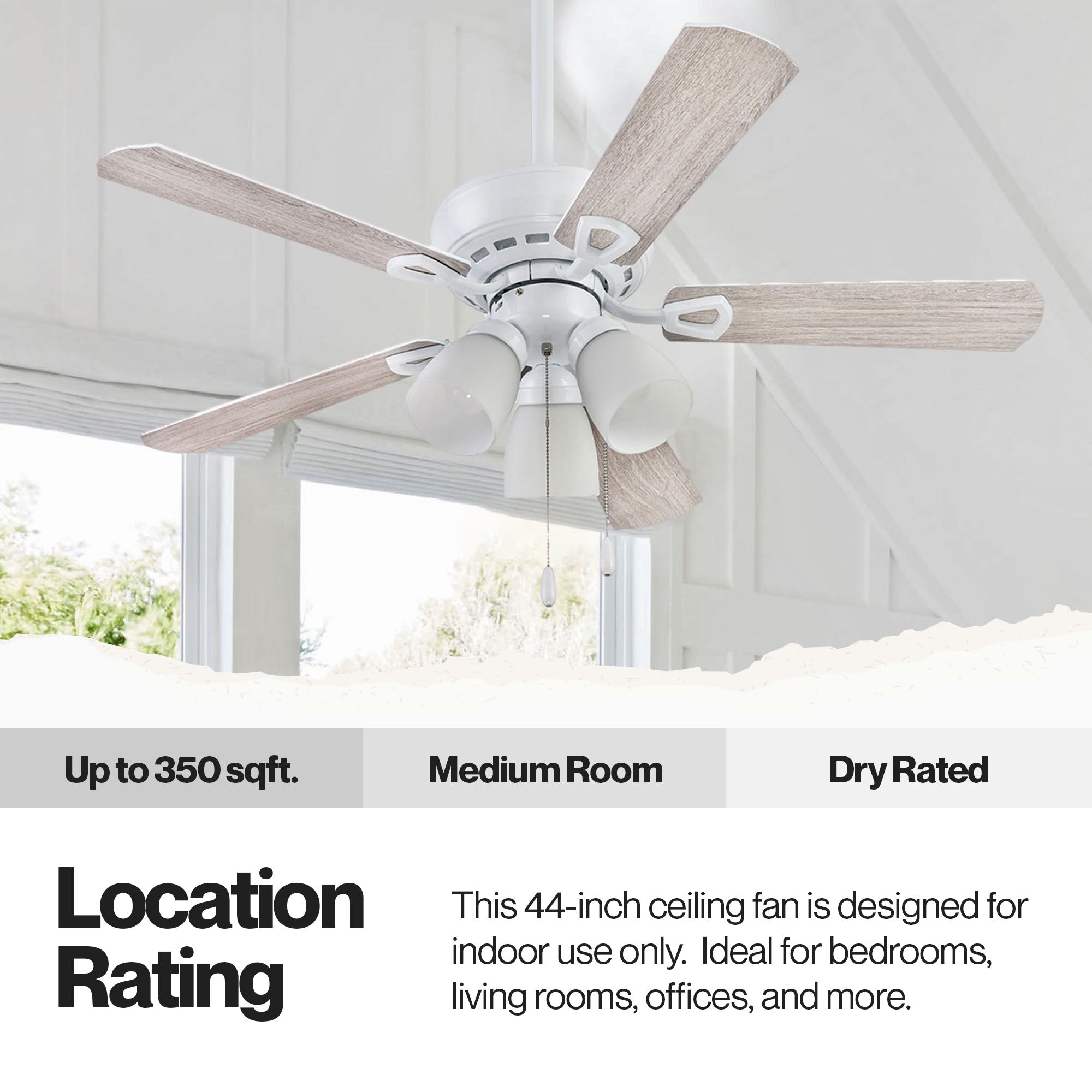 Portage Bay Miller Park Ceiling Fan w/ 5 Reversible Blades & Motor, 44", White - VMInnovations