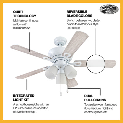 Portage Bay Miller Park Ceiling Fan w/ 5 Reversible Blades & Motor, 44", White - VMInnovations