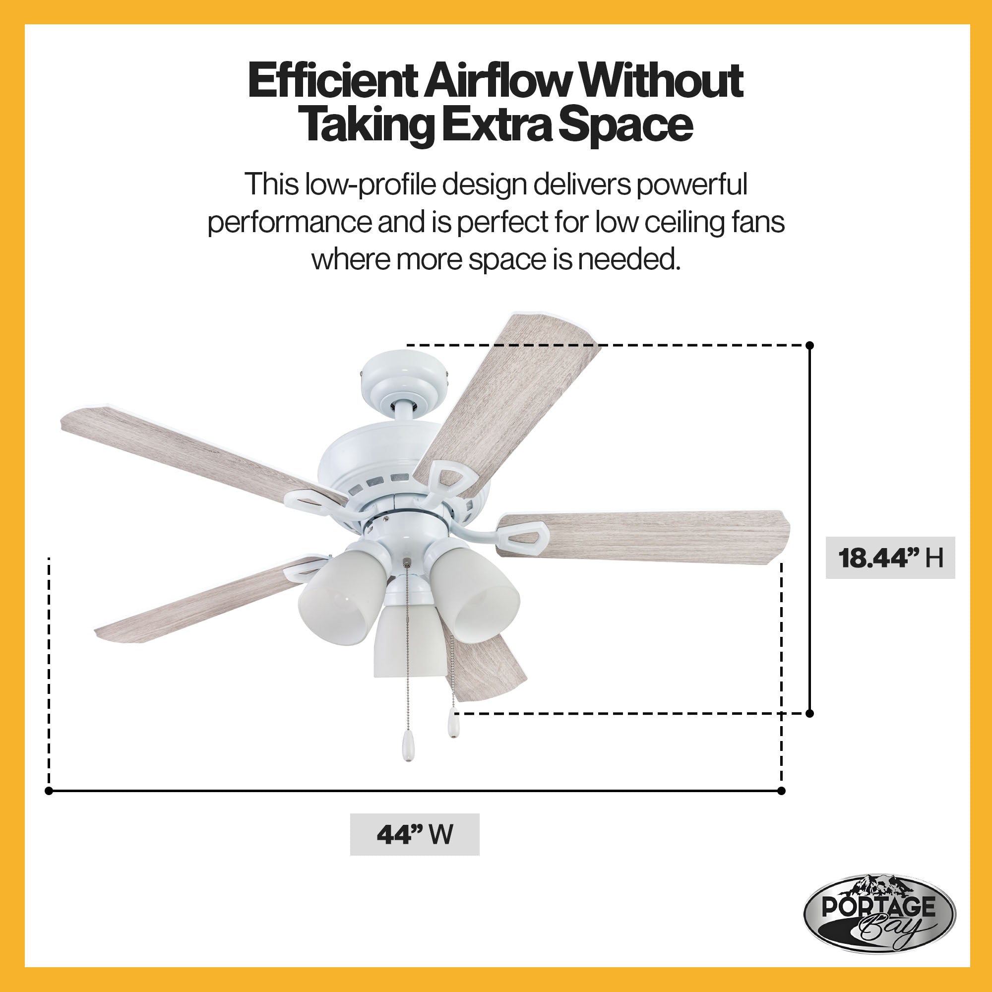 Portage Bay Miller Park Ceiling Fan w/ 5 Reversible Blades & Motor, 44", White - VMInnovations