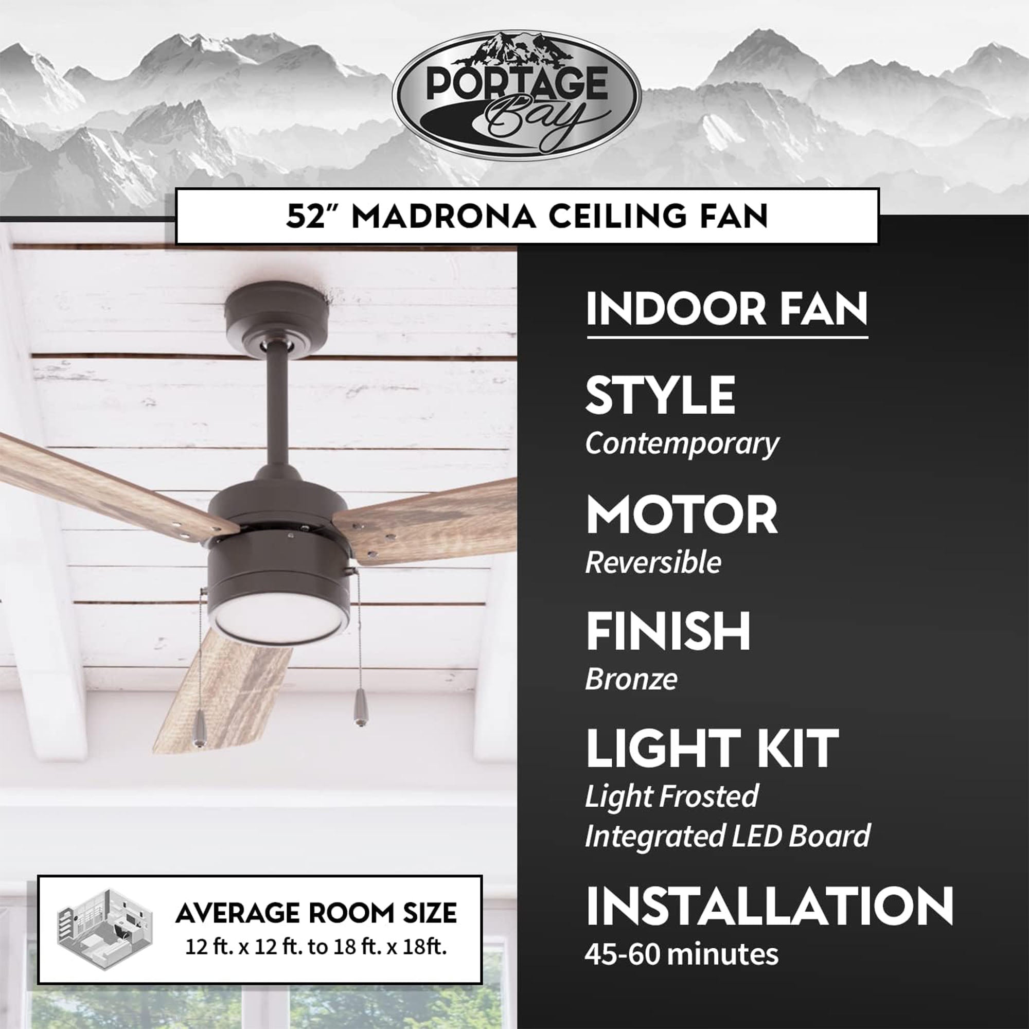 Portage Bay Madrona Indoor Ceiling Fan, Quiet, Reversible Motor, 52", Bronze - VMInnovations