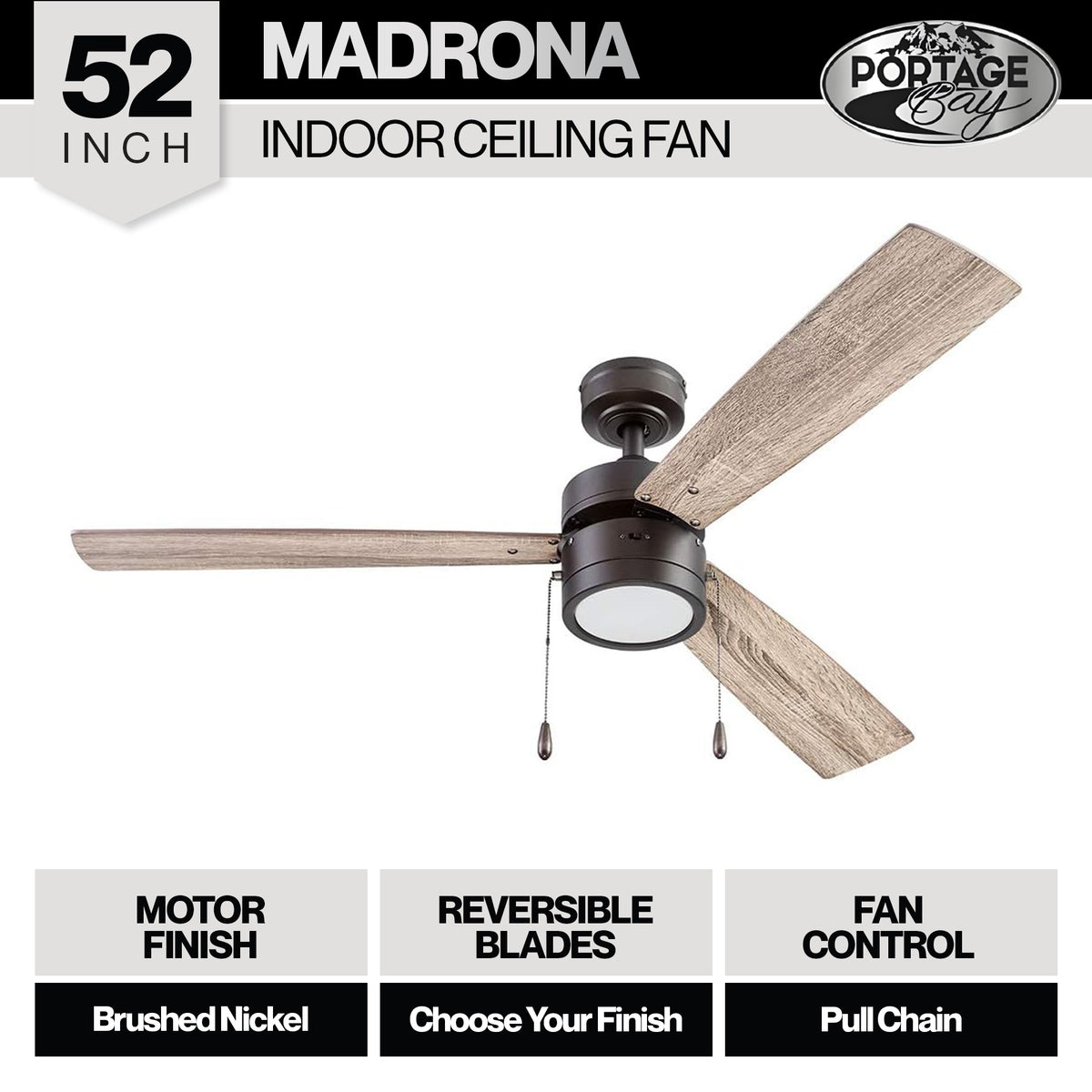 Portage Bay Madrona Indoor Ceiling Fan, Quiet, Reversible Motor, 52", Bronze - VMInnovations