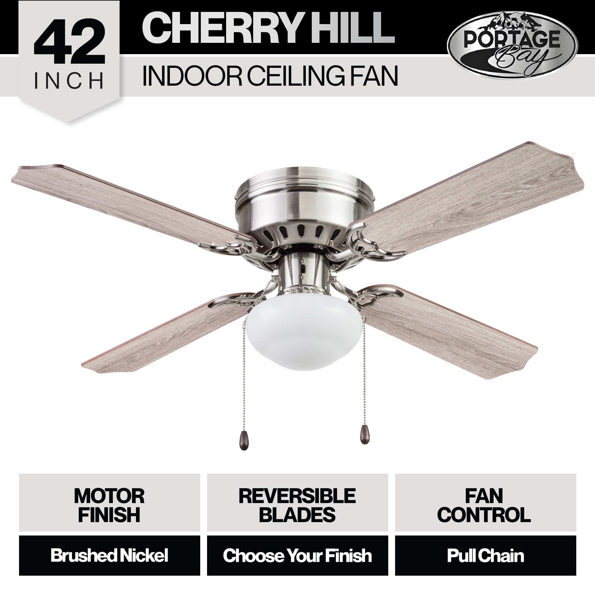 Portage Bay Indoor Ceiling Fan with Quiet, Reversible Motor, 42", Brushed Nickel - VMInnovations
