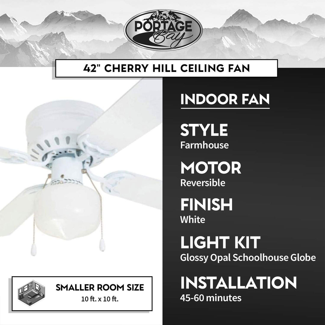 Portage Bay Cherry Hill Ceiling Fan with Quiet, Reversible Motor, 42", White - VMInnovations