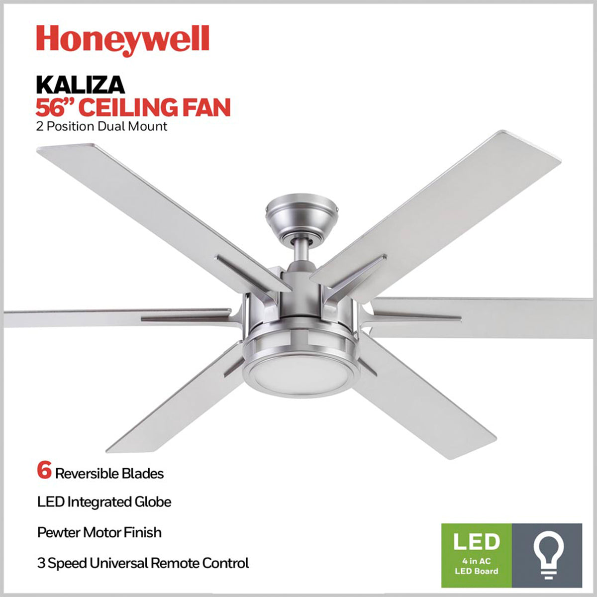 Honeywell Kaliza Ceiling Fan, Quiet Motor and Remote Control, 56", Matte Nickel - VMInnovations