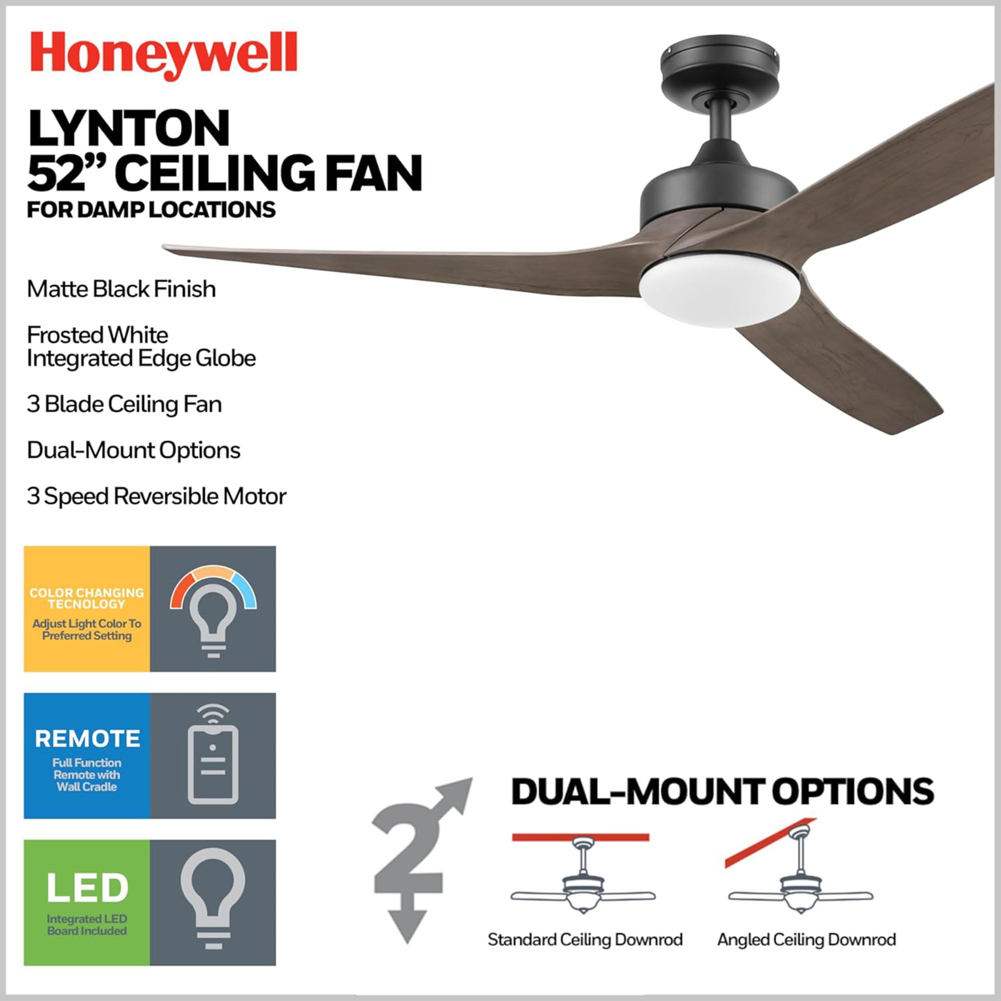 Honeywell Lynton 52" Ceiling Fan w/ Remote, & Reversible Blades Black (Open Box) - VMInnovations