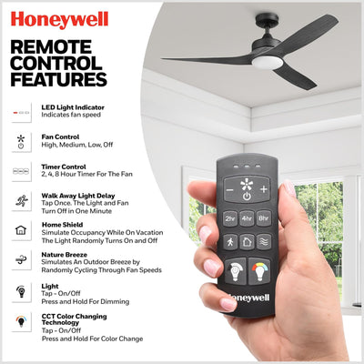 Honeywell Lynton 52" Ceiling Fan w/ Remote, & Reversible Blades, Matte Black - VMInnovations