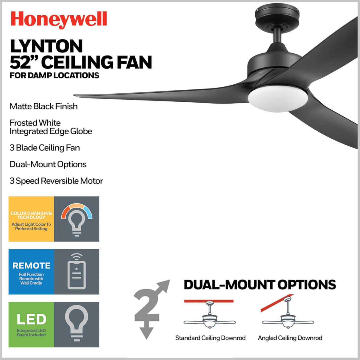 Honeywell Lynton 52" Ceiling Fan w/ Remote, & Reversible Blades Black (Open Box)