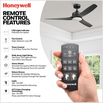 Honeywell Lynton 52" Ceiling Fan w/ Remote, & Reversible Blades, Matte Black - VMInnovations