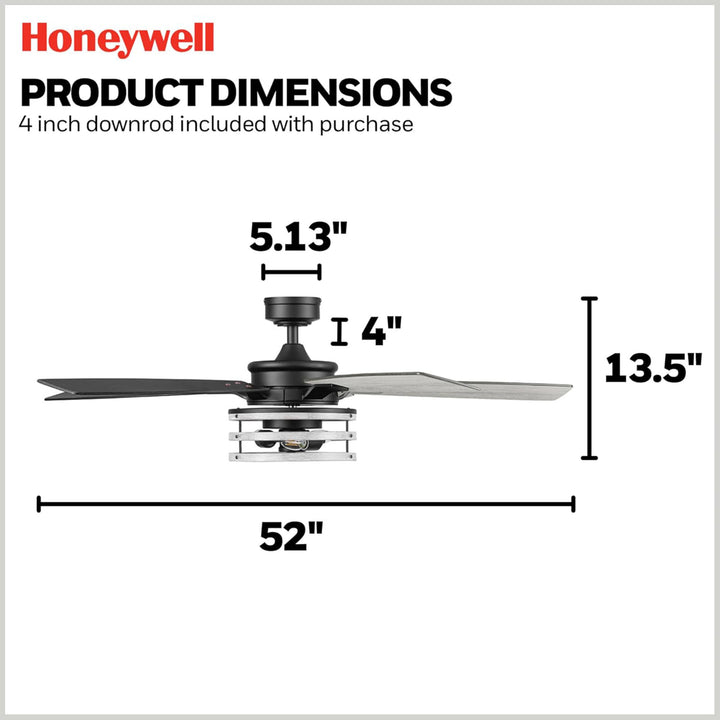 Honeywell Carnegie Ceiling Fan, Quiet Motor and Remote Control, 52", Matte Black