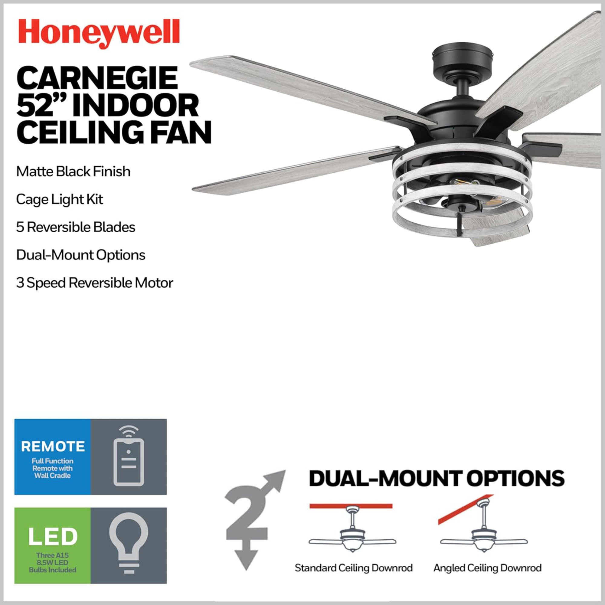 Honeywell Carnegie Ceiling Fan, Quiet Motor and Remote Control, 52", Matte Black (For Parts)