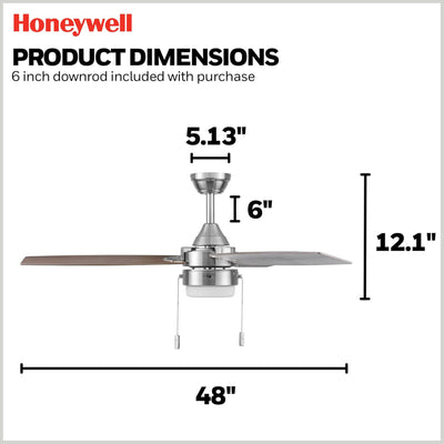 Honeywell Berryhill Ceiling Fan, Quiet Motor and Pull Chain, 48" (Open Box)