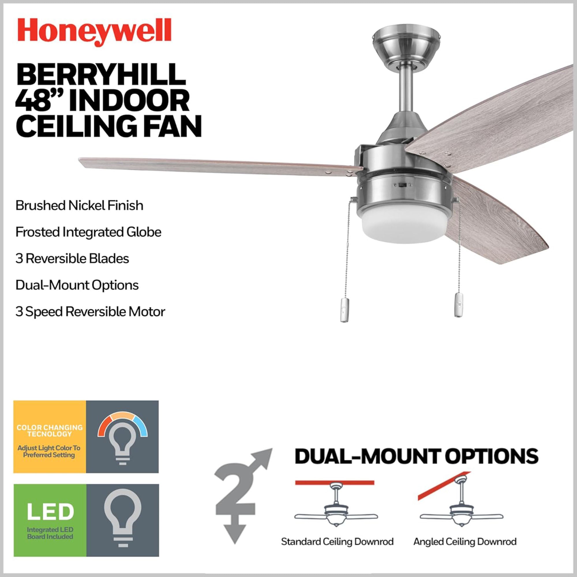Honeywell Berryhill Ceiling Fan, Quiet Motor and Pull Chain, 48" (Open Box)