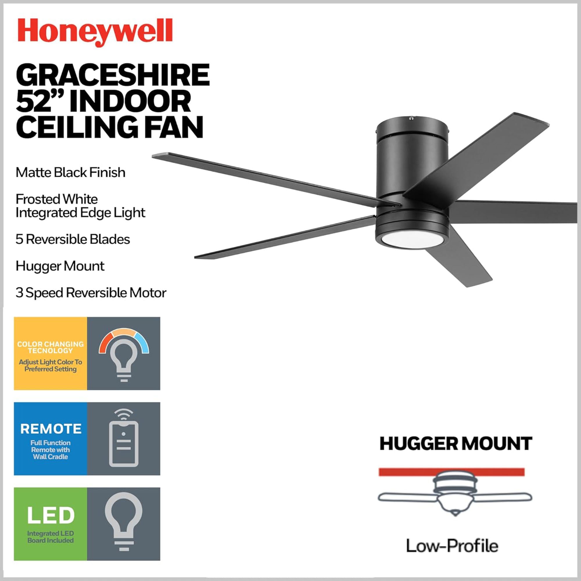 Honeywell Graceshire 52” Ceiling Fan with LED Light and Remote, Black (Open Box) - VMInnovations