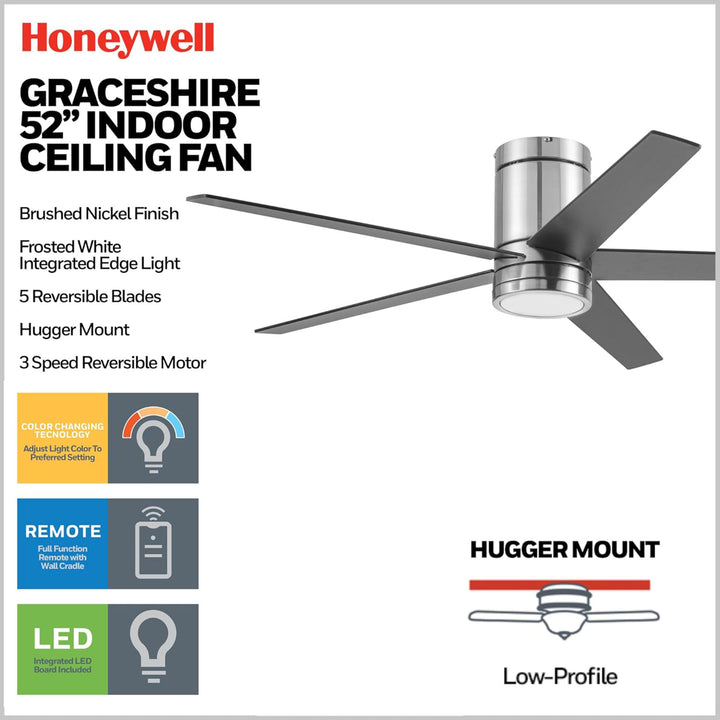 Honeywell Graceshire 52” Ceiling Fan with LED Light and Remote, Nickel(Open Box) - VMInnovations