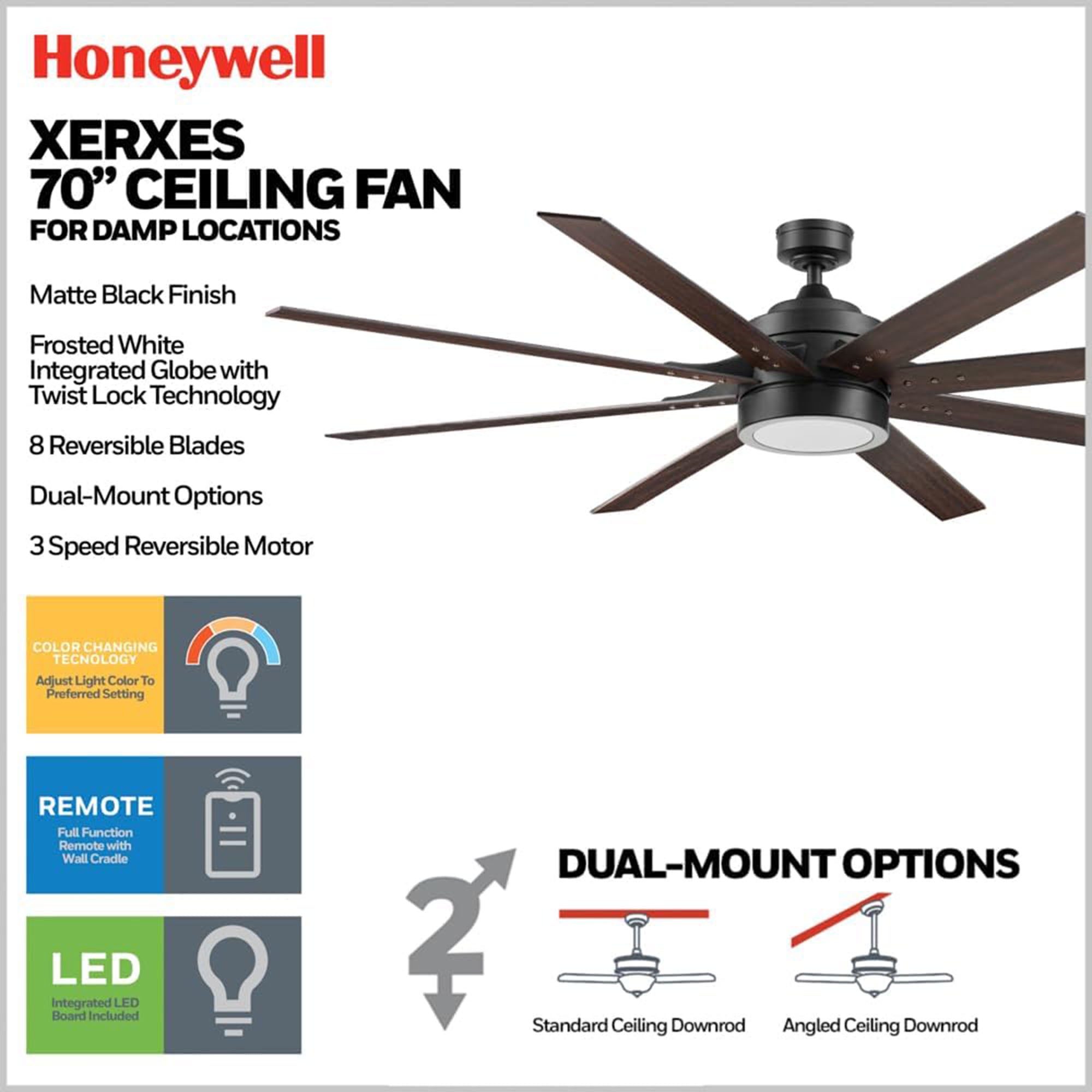 Honeywell Xerxes 70" Ceiling Fan w/ Remote Control, & Reversible Blades (Used)