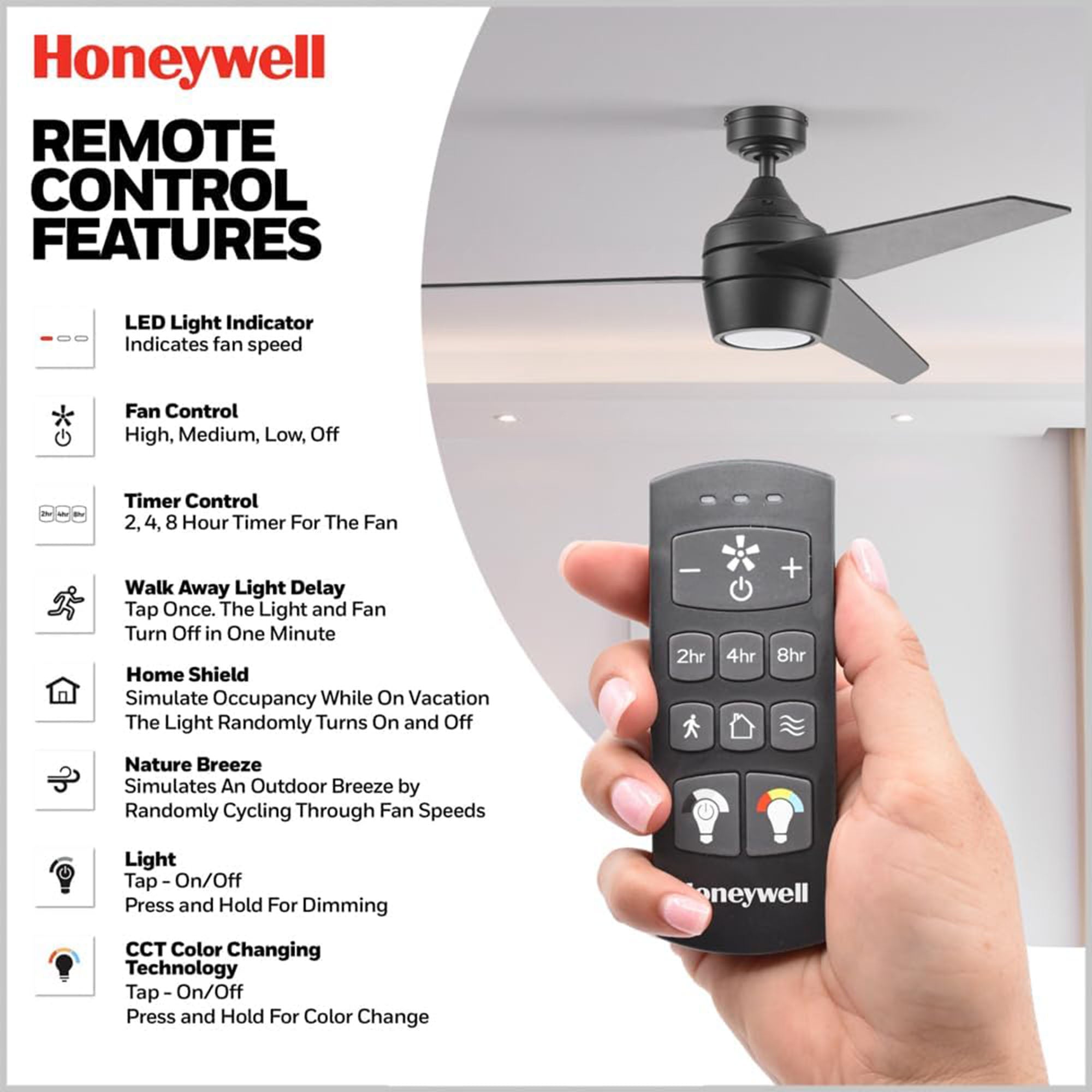 Honeywell 52" Indoor Ceiling Fan Light, Remote, 3 Blade, Dual Mount, Matte Black - VMInnovations