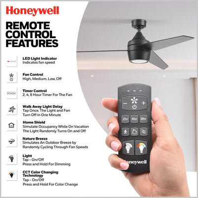 Honeywell 52" Indoor Ceiling Fan Light, Remote, 3 Blade, Dual Mount, Matte Black - VMInnovations