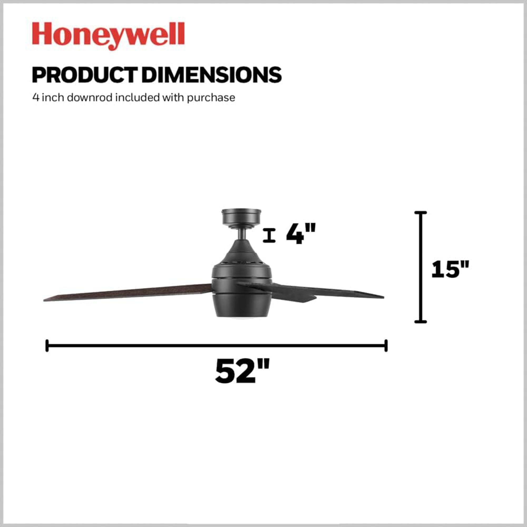 Honeywell 52" Indoor Ceiling Fan Light, Remote, 3 Blade, Dual Mount, Matte Black - VMInnovations