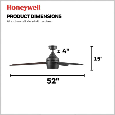 Honeywell 52" Indoor Ceiling Fan Light, Remote, 3 Blade, Dual Mount, Matte Black - VMInnovations