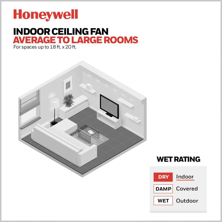 Honeywell 52" Indoor Ceiling Fan Light, Remote, 3 Blade, Dual Mount, Matte Black