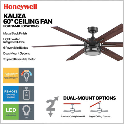 Honeywell Ceiling Fan, Color Changing LED & Remote Control, 60", Black(Open Box) - VMInnovations