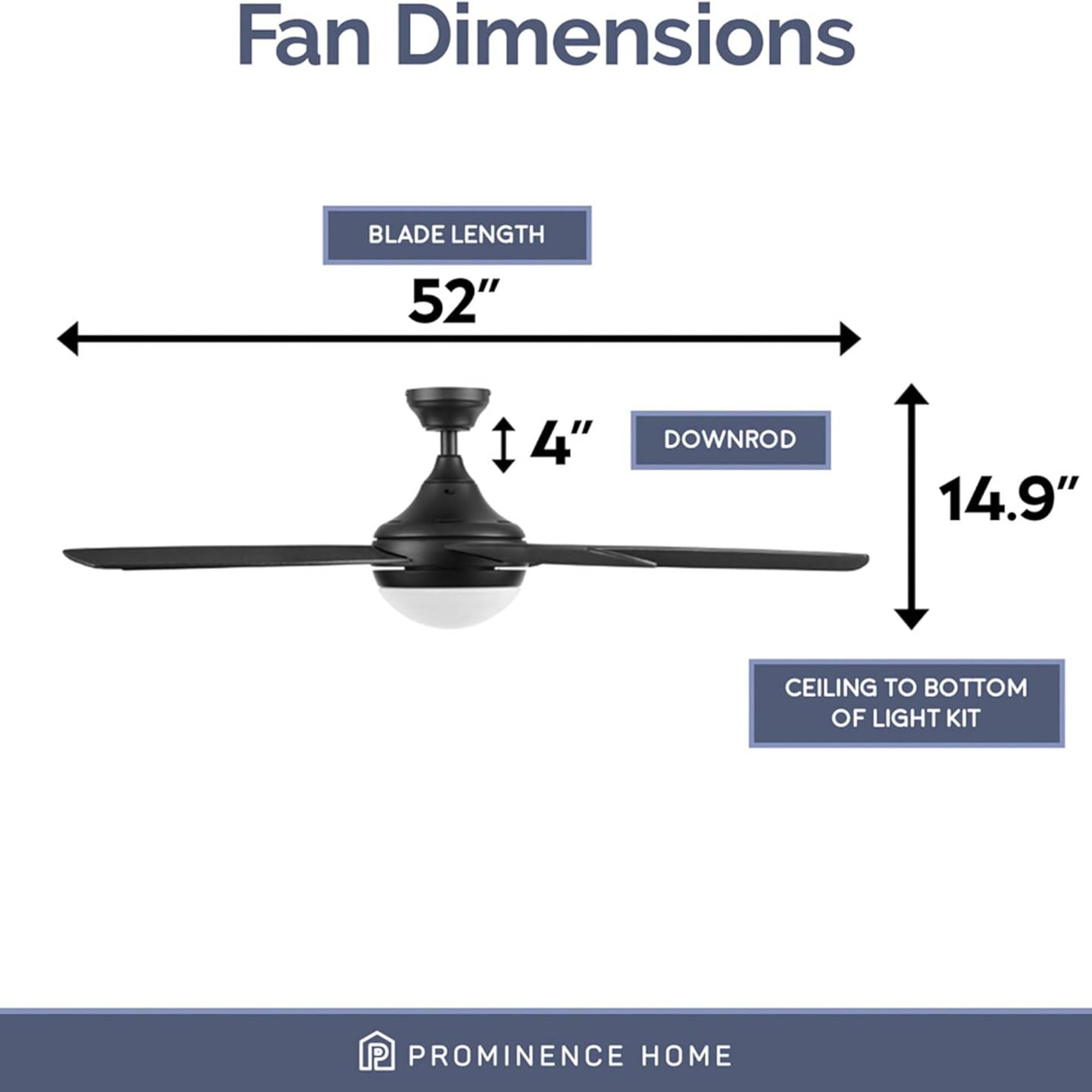Prominence Home Ashby 52" Ceiling Fan w/Light, Remote, & 5 Blades, Black/Ebony - VMInnovations