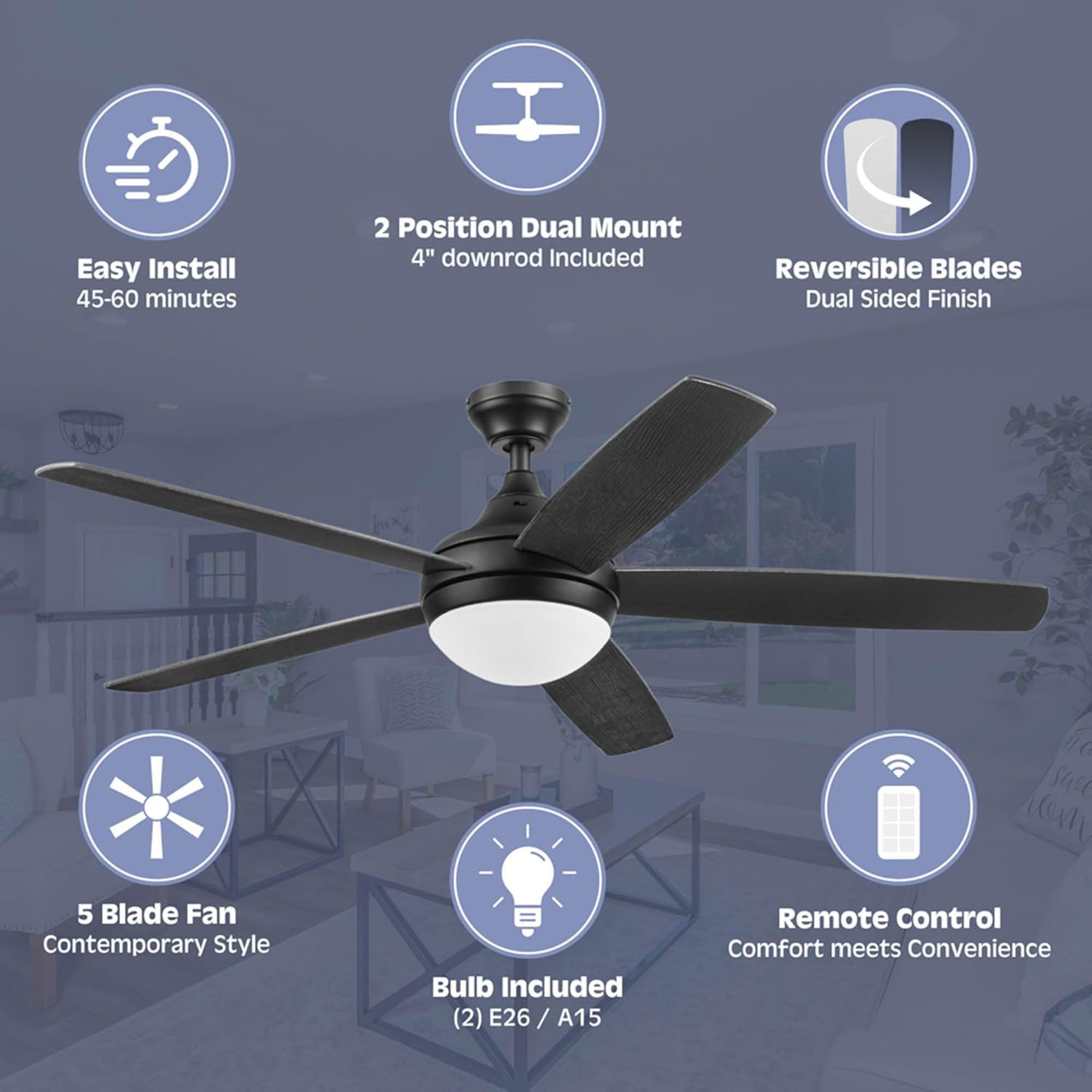 Prominence Home Ashby 52" Ceiling Fan w/Light, Remote, & 5 Blades, Black/Ebony - VMInnovations