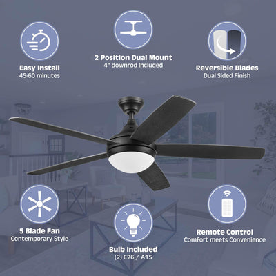 Prominence Home Ashby 52" Ceiling Fan w/Light, Remote, & 5 Blades, Black/Ebony - VMInnovations