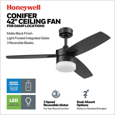 Honeywell Conifer 42 In Ceiling Fan W LED Light & Remote, Matte Black (Open Box)