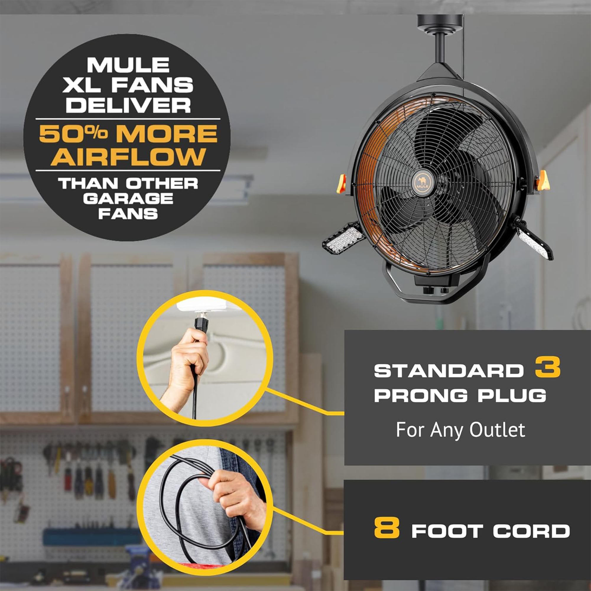 Mule 18" Garage Fan w/Work Lights Dual Height Ceiling Mounting Options(Open Box) - VMInnovations