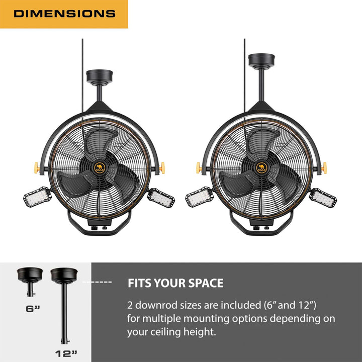 Mule 18" Garage Fan w/Work Lights Dual Height Ceiling Mounting Options(Open Box)