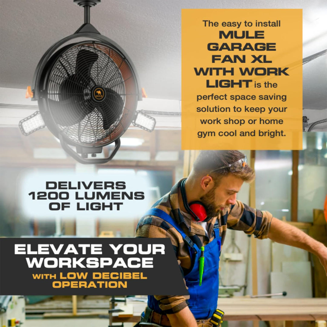 Mule 18" Garage Fan w/Work Lights Dual Height Ceiling Mounting Options(Open Box)