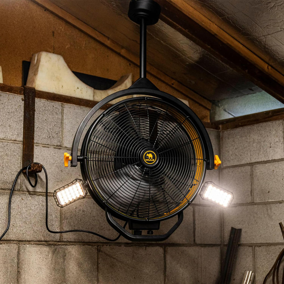 Mule 18" Garage Fan w/Work Lights Dual Height Ceiling Mounting Options(Open Box)