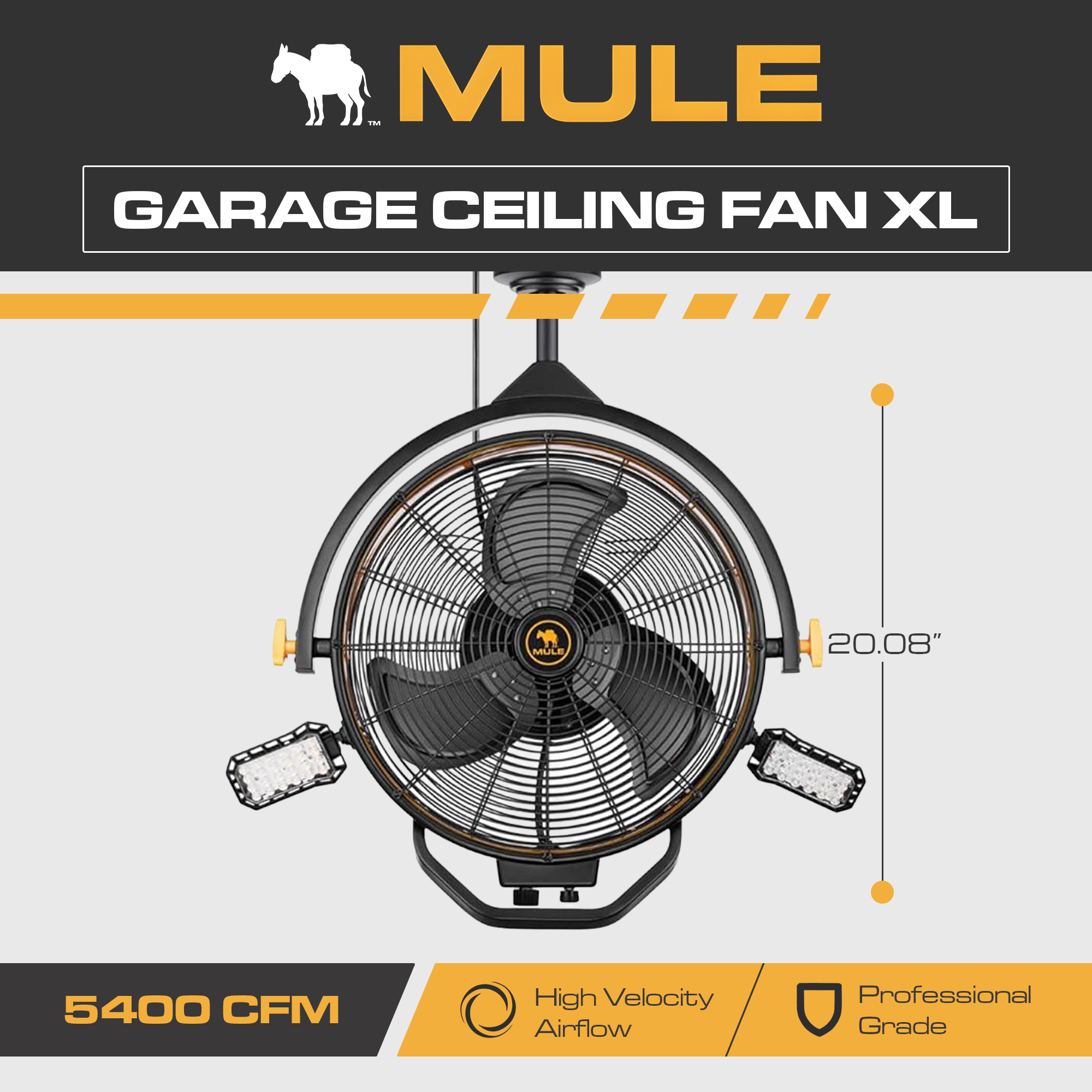 Mule 18" Garage Fan w/Work Lights Dual Height Ceiling Mounting Options(Open Box)