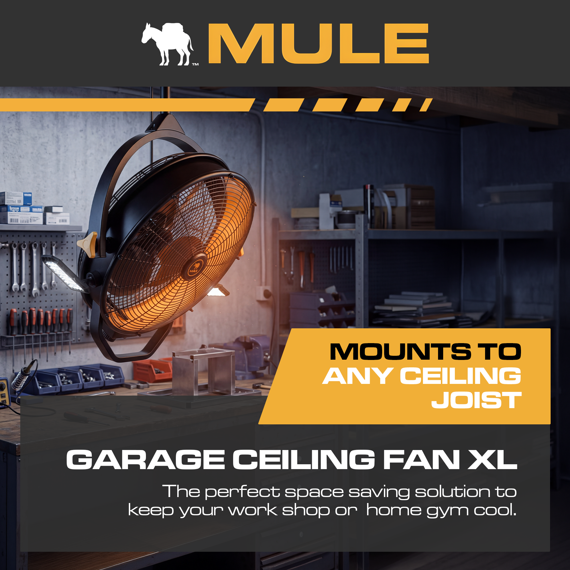 Mule 18" Garage Fan w/Work Lights Dual Height Ceiling Mounting Options(Open Box)