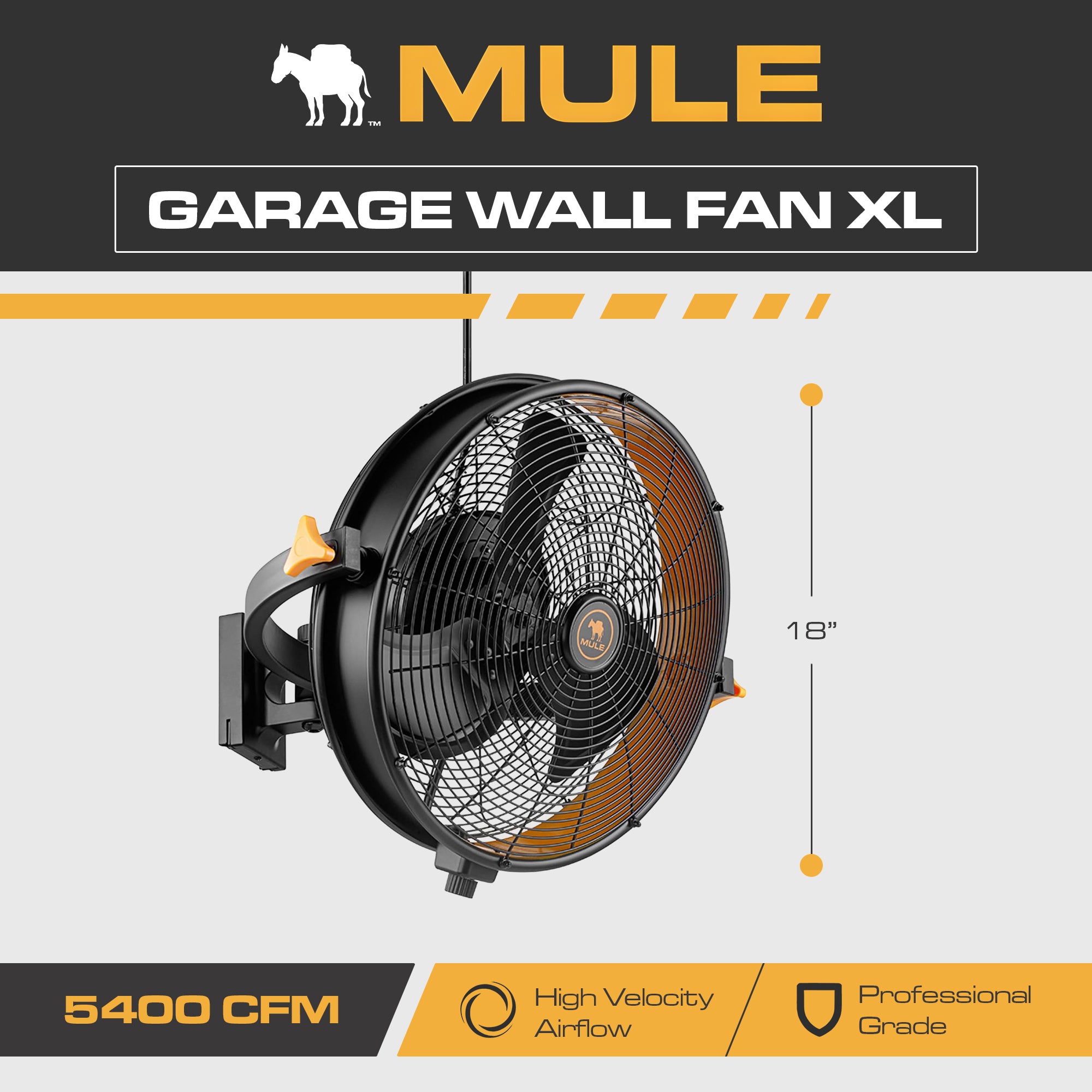 Mule 18" Garage Wall Fan XL, Wall Mount, 120-Degree Swivel, 3-Speed, Black Matte