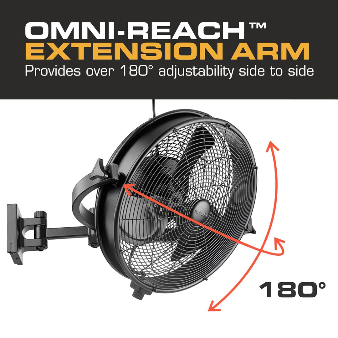 Mule 18 Inch Adjustable Outdoor Wall Fan Extended Arm 3 Speed, Damp Rated (Used)
