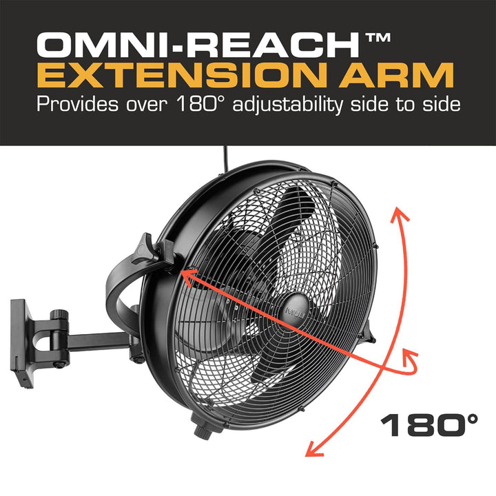 Mule 18 Inch Adjustable Outdoor Wall Fan Extended Arm 3 Speed, Damp Rated (Used)