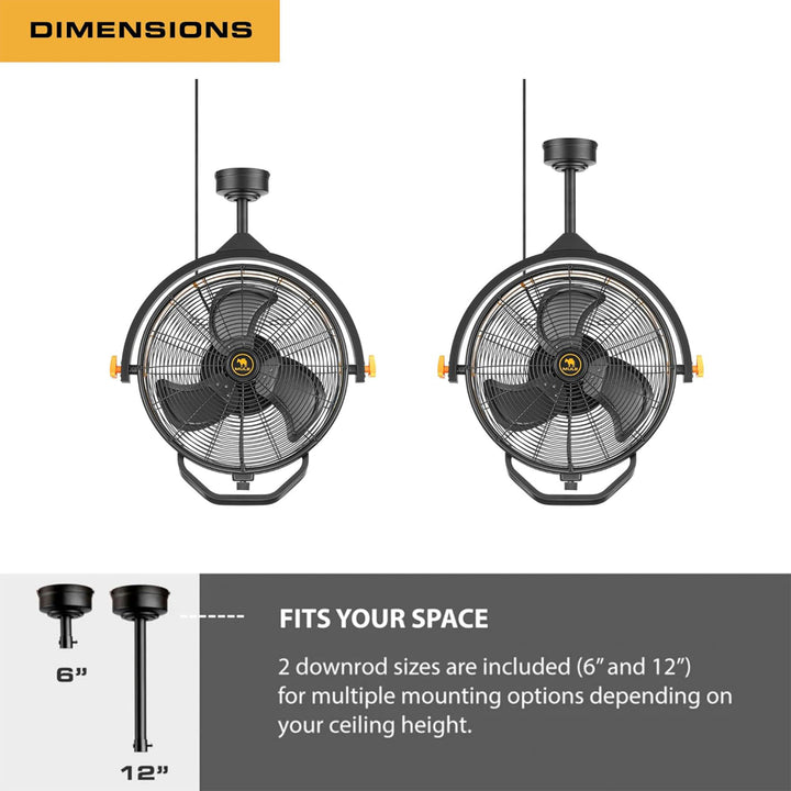 Mule 18" Fan, Dual Height Ceiling Mounting options, Standard 3-Prong (Open Box)