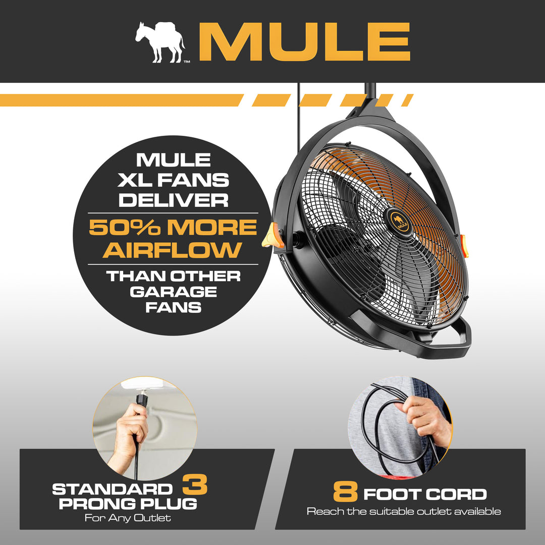 Mule 18" Fan XL, Dual Height Ceiling Mounting Options, Standard 3-Prong Plug
