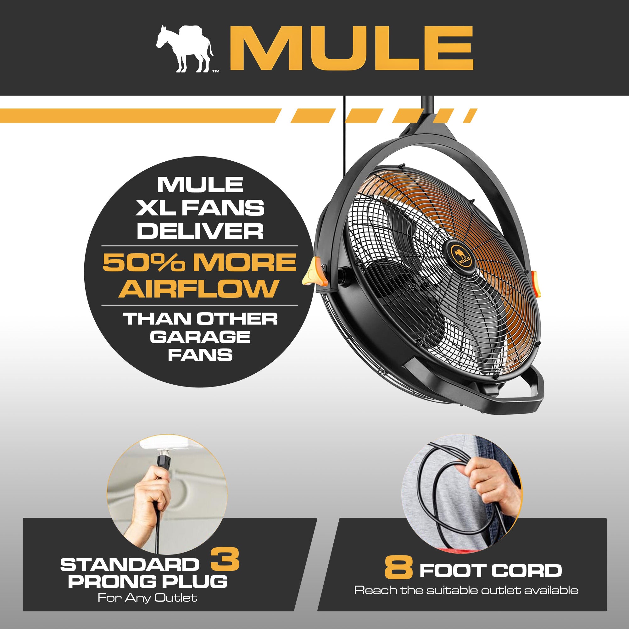 Mule 18" Fan XL, Dual Height Ceiling Mounting, Standard 3-Prong Plug (For Parts)