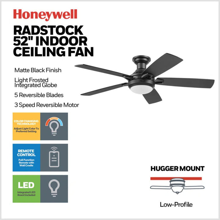 Honeywell Radstock 52" Ceiling Fan w/ Remote, & Reversible Blades, Matte Black