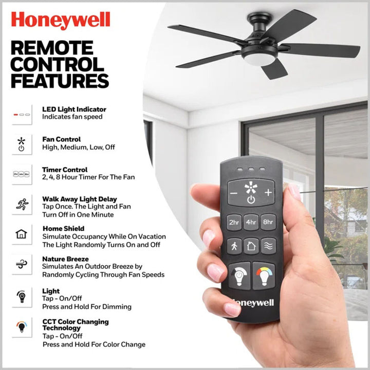Honeywell Radstock 52" Ceiling Fan w/ Remote, & Reversible Blades, Matte Black