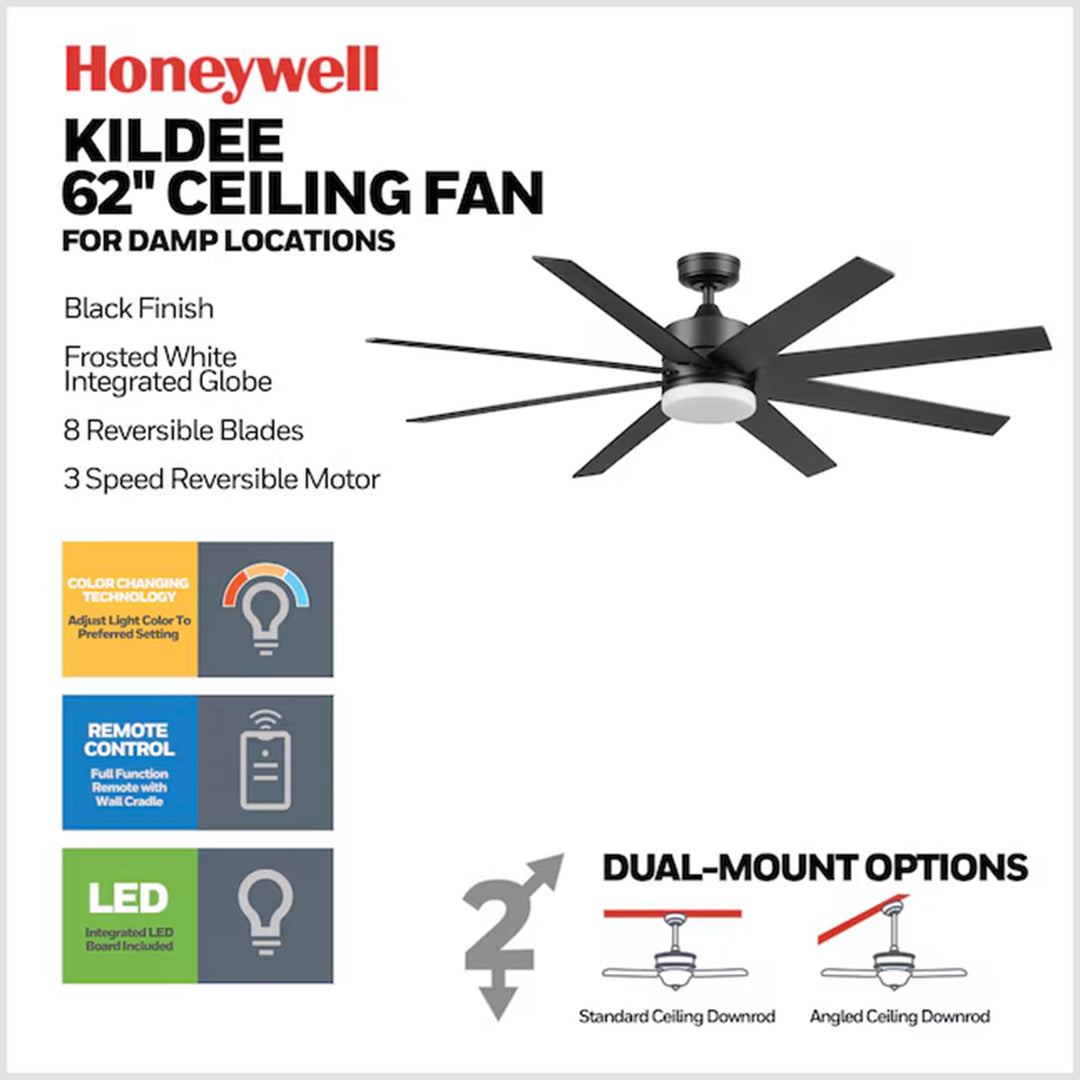 Honeywell 62" Kildee Ceiling Fan LED Remote 8 Blade Outdoor Dual Mount, Black